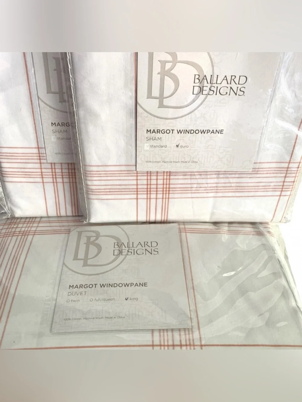 SET Ballard Designs Coral Windowpane Plaid King Duvet & 3 Euro Shams NIP